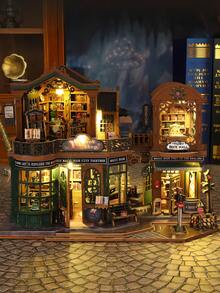 Vintage Bookstore Style Miniature House With LED Light, Double Building Design DIY Wooden Kit With Book Shelves And Street Details, Twilight Book Mall For Home Decoration, Holiday Gift And Relaxing Assembly Project - Multicolor - View 4