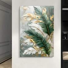 1pc Green & Golden Tropical Leaf Wall Art -Canvas Print With Hook Installation, Minimalist Art Deco Home Decor For Bedroom, Living Room, Kitchen, Dorm - Mother's Day & Easter Gift Idea - trắng - Xem 2
