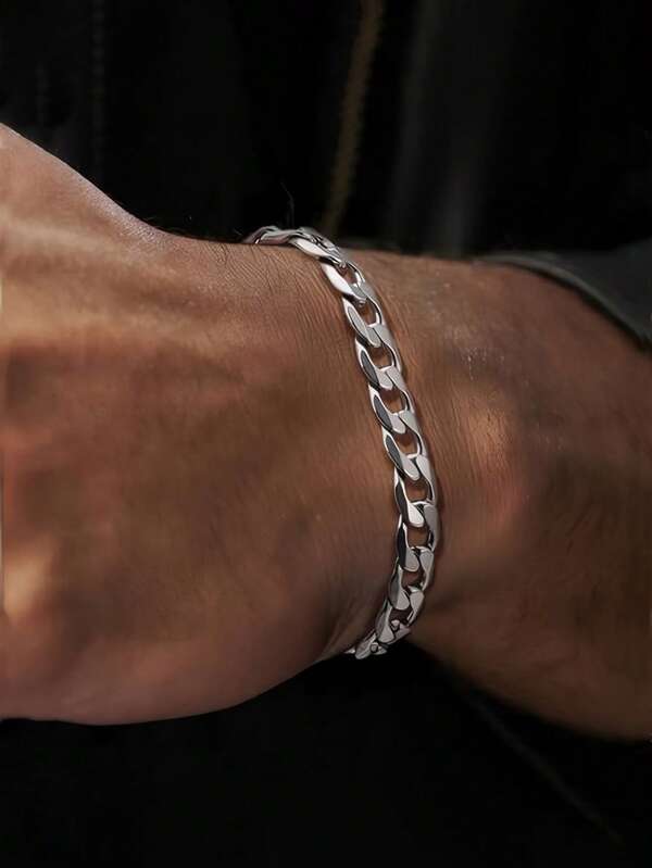 1pc Stainless Steel Cuban Link Chain Bracelet, Men Street Hip Hop Metal Chain Wristband