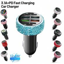 1PC Dual Port USB Car Charger, Bling Bling Handmade Rhinestones Crystal Diamond Shining Artificial Car Decorations 5V Fast Charging Adapter Universal For Andriod/CellPhone