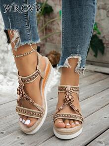 WRCVS 女士米色系带凉鞋，夏季坡跟厚底草绳鞋底别致度假凉鞋，手工串珠编织图案随机波西米亚风格厚底坡跟户外凉鞋