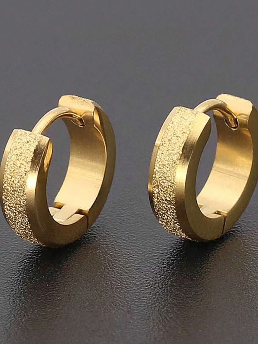 1 Pair Minimalist Geometric Round Frosted Hoop Earrings, For Everyday Wear - Gold - View 1