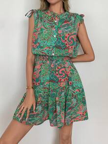 女士海滩度假波西米亚风佩斯利肩带束腰短款连衣裙 - 綠色 - 查看 4