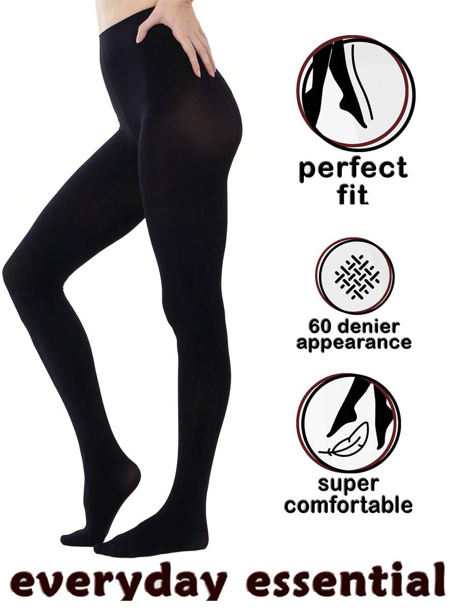 半双装 女士 60D 柔软纯色半透明高腰连裤袜，舒适 - 黑色 - 查看 1