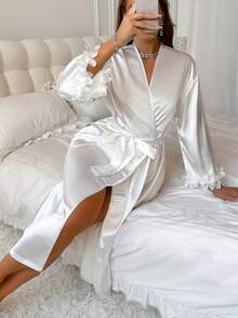 1pc Elegant Ladies Romantic Lace Trim V-Neck Robe, Soft Comfortable Loose Fit Ladies Long Bathrobe, Bridal Party Robe, Suitable For Everyday Home Wear, All Seasons, Fall, Winter - White - View 2