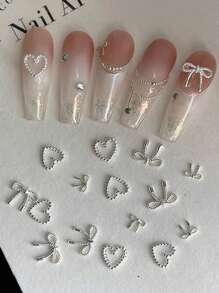 50Pcs Mini Bows Hearts For Nails, Small Tiny Bows Charms For Natural Short Nail Toe Nails Spring Summer Fairy Nails, Silvery Metal Alloy Heart Nail Charms For Makeup Eye Gems,Bows For Crafting
