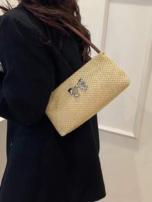 女士撞色蝴蝶结草编单肩包，时尚度假风 - 咖啡 - 查看 3