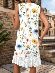 Women's Summer Fashion V-Neck Patchwork Floral Print Sleeveless Dress, Suitable For Casual Daily Wear, Outdoor Holiday