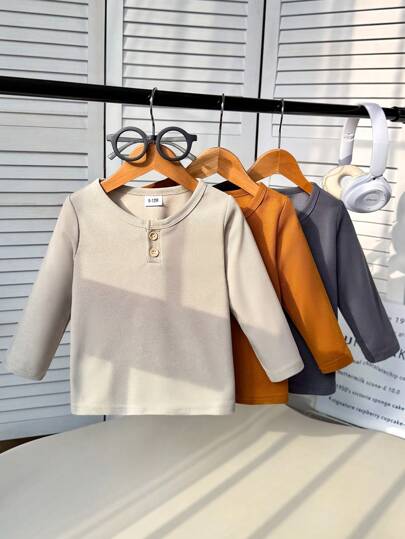 3 Stücke Set Baby Jungen Lässige Stilvolle T-Shirts, Rundhals Langarm Halbplakette Waffeltrikot, geeignet für den täglichen Gebrauch, Herbst