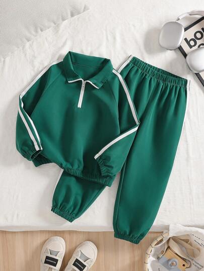 Young Boy Solid Color Half-Zip Jacket & Elastic Waist Long Pants Daily Casual Outfit, Spring/Autumn