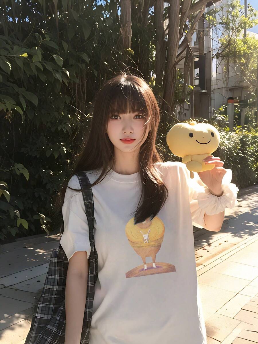 100% Cotton Women's T-Shirt, Short Sleeves, European Fairy Tale Style, Illustration, Summer New Arrival, Simple And Stylish, Cartoon Rabbit In A Yellow Pot, Casual, Crew Neck - 杏色 - 查看 1