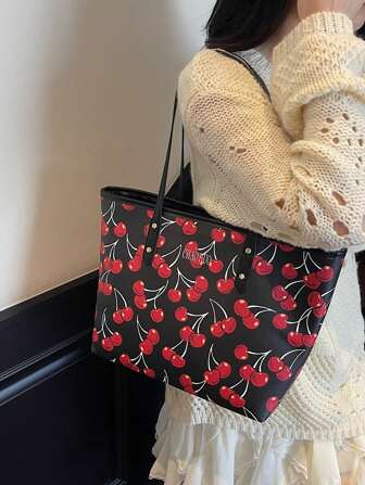 Fashionable Fruit Print Tote Bag, Large Capacity With Zipper Closure, Adjustable Shoulder Strap, Suitable For Daily Commute, Outdoor, Shopping
