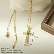 1pc Elegant Crystal Cross Pendant Necklace, Unisex - Stainless Steel, Gold Chain, Inlaid With Black, Transparent And Pink Gems, Versatile Jewelry Gift For Men And Women, Suitable For Casual Or Formal Occasions | Graceful Necklace | Cross Necklace