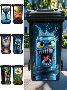 3D Cartoon Can Emoticons, Ocean Garbage, Flowers, Owls Printed Trash Can Sticker Waterproof PVC Outdoor Rubbish Bin Garbage Can Poster Peel And Stick 4 Sizes