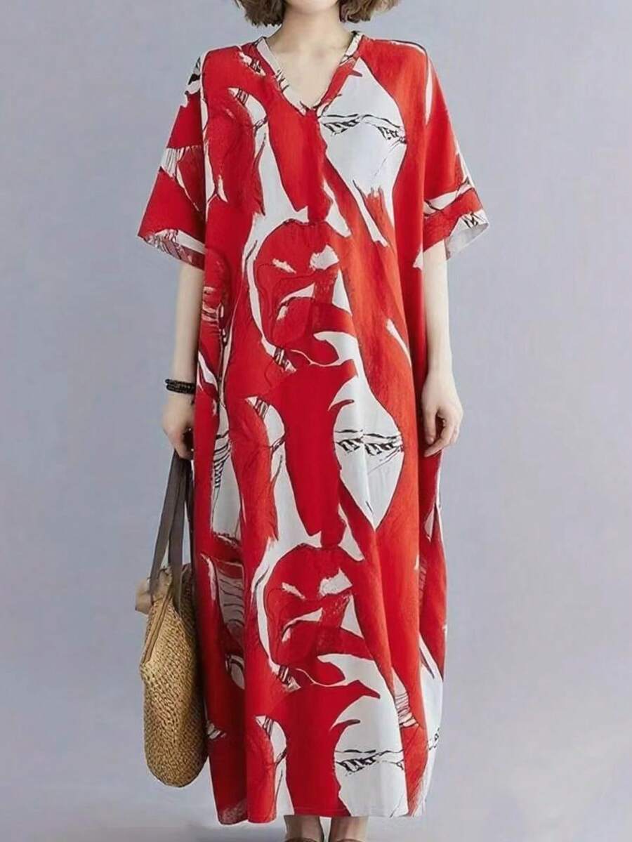 Plus Size Random Print Pocket V-Neck Dress, Minimalist And Fashionable, Suitable For Summer - Red - View 1