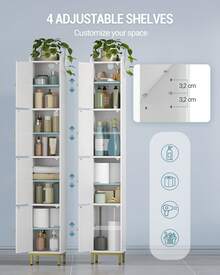 HEXCELEN Bathroom Cabinet, Tall Bathroom Cabinet With 4 Doors, Slim Bathroom Cabinet, Narrow Tall Bathroom Cabinet, Adjustable Shelves, Living Room, Kitchen, Bedroom, 28 X 28 X 180 Cm, White - 白色 - 查看 4