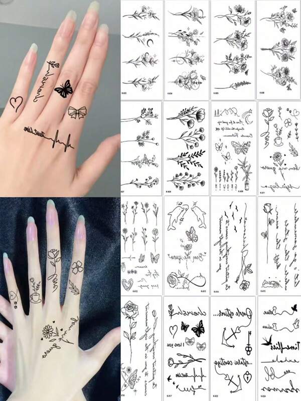 16 Sheets Tiny Small Temporary Tattoos For Women Finger Hands, Butterfly Heart Rose Flower Letters Hill Cupid's Arrow, Cute Black Long Lasting Vintage Tattoos Suitable For Various Daily Festivals