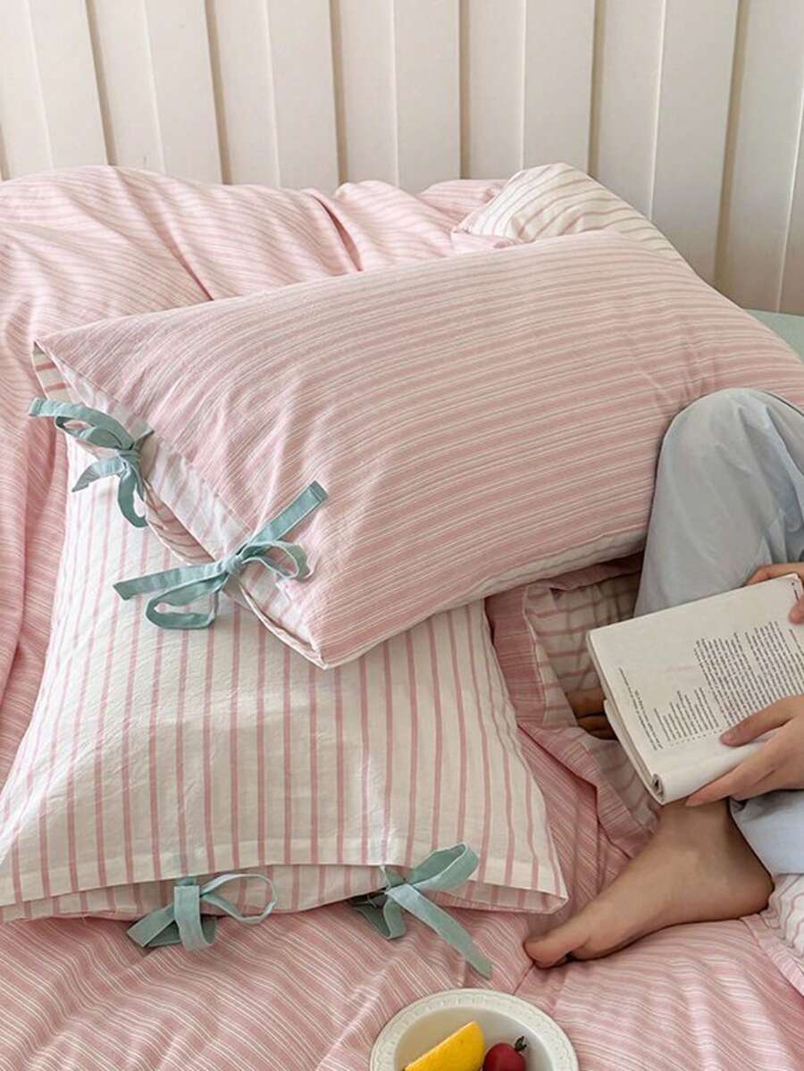 1 vỏ gối thắt nơ, màu be nhạt/khaki/hồng thoải mái, họa tiết sọc có nơ, thích hợp cho phòng khách, phòng ngủ, ký túc xá, có thể giặt bằng máy (không bao gồm ruột gối) - Màu Hồng baby - Xem 1