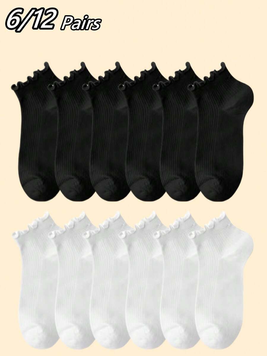 6/12双女袜黑白荷叶边竖条纹透气清爽学院风短袜居家通勤派对百搭情人节礼物 - 彩色 - 查看 1