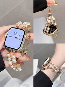 时尚表带，珍珠串珠，时尚女式双链设计，闪亮星星吊坠，兼容 表带 41 毫米、40 毫米 38 毫米、42 毫米 44 毫米、45 毫米 49 毫米，女士可爱表带，SE 9 8 7 6 5 4 3 21 1，情侣礼物，手链和表带 - 白色珍珠 - 查看 3