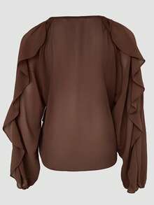 Versatile Casual Commuting Office Asymmetrical Ruffled Semi-Sheer Beige Shirt, Suitable For Dates, Everyday Wear, Beach Vacation, Ruffled Decor Adds Softness, Pair With Jeans For Festive Looks, Elegant With Skirts For Commuting - Brown - View 5