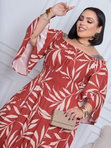 Plus Size Long Dress With 3/4 Flare Sleeve - 赤陶埃斯塔姆. - 查看 4