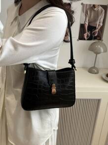 时尚锁扣腋下包，小众设计纯色迷你方形单肩斜挎包，女士斜挎包