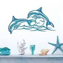 1 pieza Decoración de pared de metal en forma de delfín, dos delfines saltando fuera de la superficie del mar, decoración de pared para interiores y exteriores, adecuado para piscina, baño