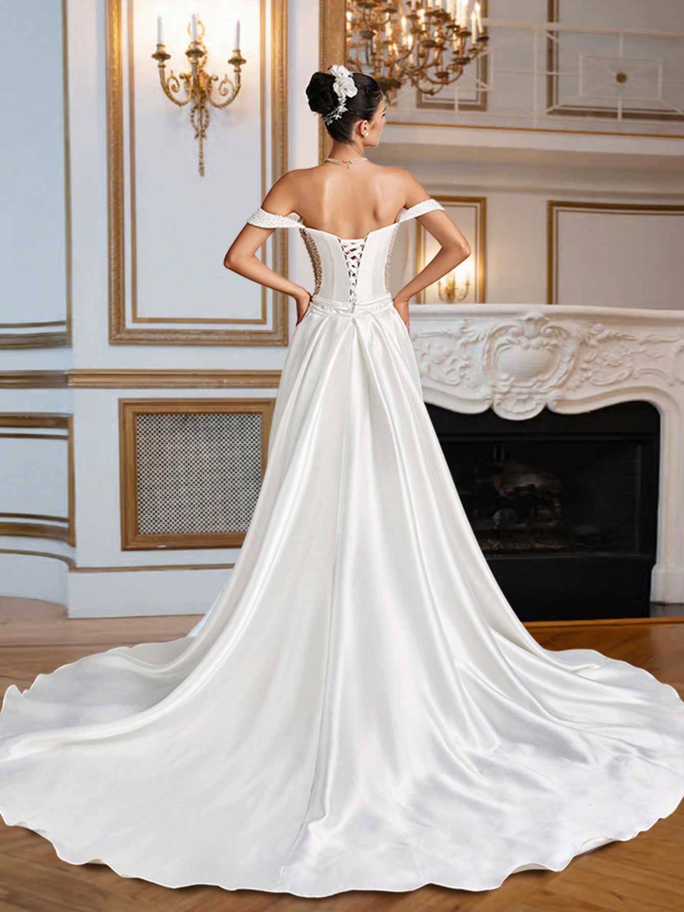 فستان زفاف أبيض للسيدات من قماش مخمل متدلي من الكت...