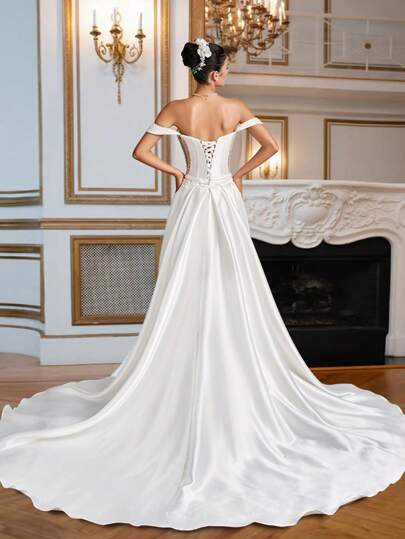 Vestido de noiva branco HEARBOBO feminino, cor sólida, ombro de fora, plissado, com decoração de pérolas artificiais, elegante para banquetes