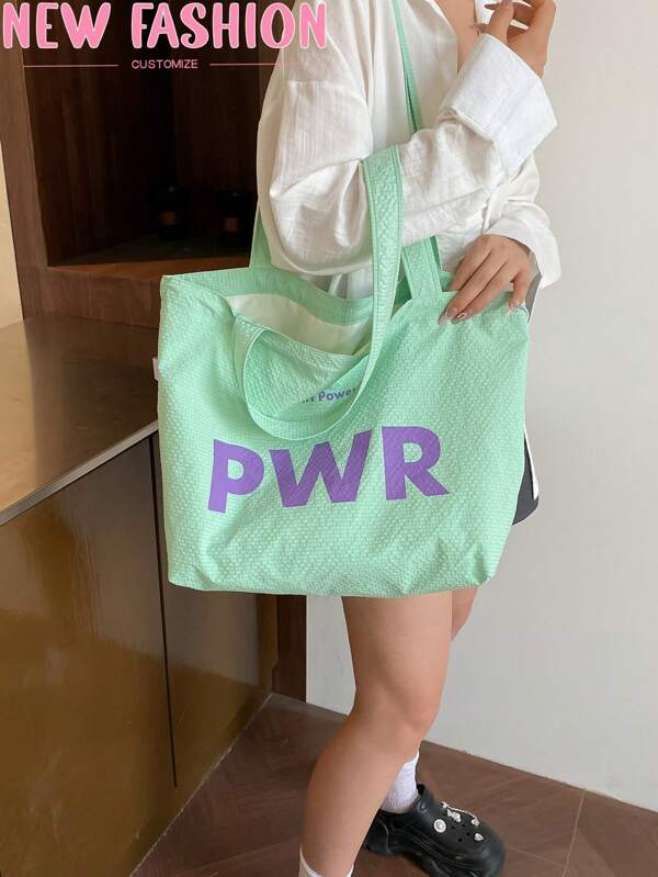 Drawstring New Model 2025 Large Capacity One Shoulder Canvas Bag, Japanese Letter Nylon Handbag Tote Commuter