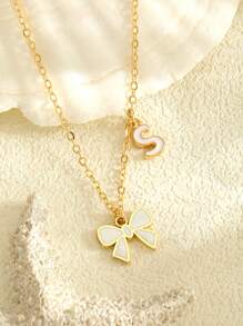 1pc Cute Exquisite Elegant White Bow 26 English Initials Zinc Alloy Double Pendant Gold Necklace Clavicle Chain, Suitable For Children, Girls, Family, Friends, Summer, Travel, Street Fashion Single Item Jewelry, Suitable For Daily Decoration, Holiday Birthday Gift, Children's Jewelry