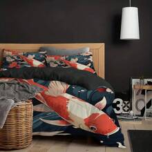 Juego de ropa de cama de 2/3 piezas con estampado de peces koi (1*Funda nórdica + 1/2*Funda de almohada, sin relleno), juego de ropa de cama de estilo oriental, 100% poliéster estampado, funda nórdica suave y cómoda, para habitación, habitación de invitados