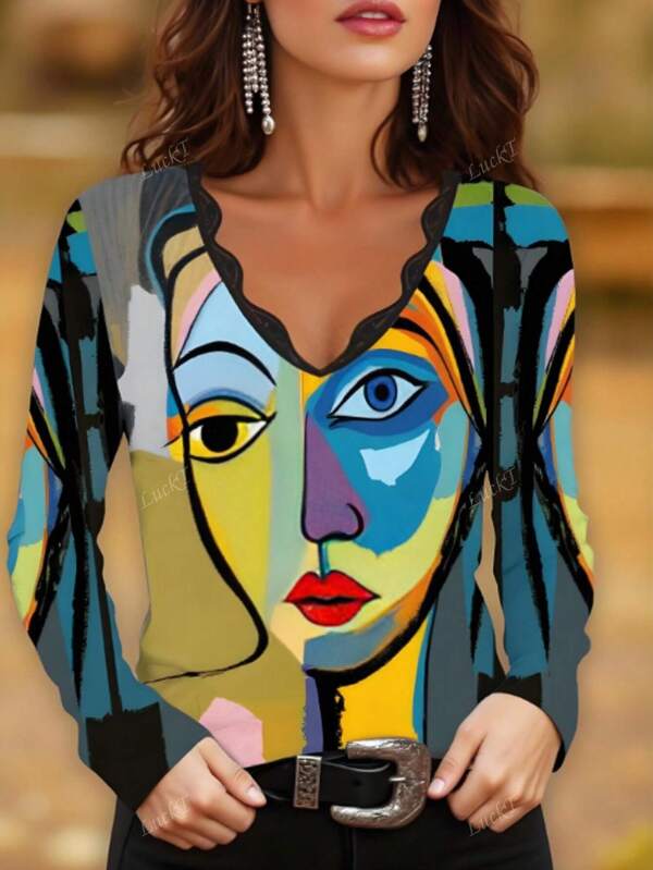 Blusa de manga larga con cuello en V, estampado floral y ribete de encaje, ligera