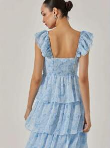 Women's Floral Dress Stylish Multi-Layered Ruffles Split Cap Sleeve Long A-Line Dress For Spring Summer