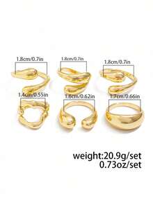 6pcs/Set Vintage Minimalist Alloy Molten Lava Teardrop Design Open Rings, Asymmetrical Fashionable Thick Metal Gold Tone Ring Set, Irregular Drops Of Liquid Metal Drape Over The Ring, Its Surface Replicating The Etched Texture Of Waves, With A Cold Sea Spray Luster On The Electroplated Silver Background. The Glazed Droplets Are Embedded With A Bubble Pattern, A Blue And White Gradient That Resembles The Crashing Waves Of The , And A Crescent-Shaped Indentation Hidden In The Ring's Opening And Closing Points. When The Fingertip Shakes, The Cut Surface Reflects The Shimmering Waves, As If Wearing The Instantly Frozen Waves On The Finger, The Gentle And Rigid Design Allows A Sense Of Niche And A Sense Of Art To Coexist.Suitable For Women's Daily Commute,Perfect Gift For Birthdays, Holiday Gifts, And Parties. Suitable For Daily Wear And Holiday Celebrations, Suitable For All Seasons, And Is An Ideal Choice For Holiday Accessories. - 金黃色 - 查看 6