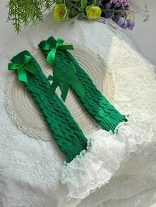 Bow & Lace Leg Warmers - Y2K Sweet Lolita Style, Knee High Socks - 891 Green - View 5