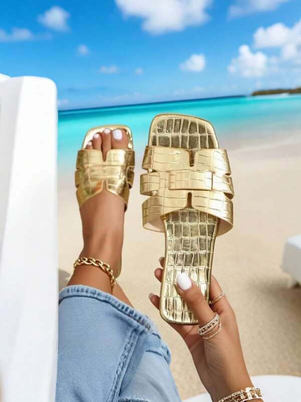 [Hidden Gem] Women Pink H-Strap Flat Sandals, New Spring/Summer Beach Sandals, Flat Slippers, Outdoor Home Slippers.Party/Birthday Gift, Low Heel Open Toe Color Block Slide Sandals For Vacation.Golden/Blue/Green/Yellow H-Strap Flat Sandals.