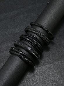 5 件/套新款男士时尚皮革手链，多层编织磁扣腕带组合适合日常佩戴，礼物