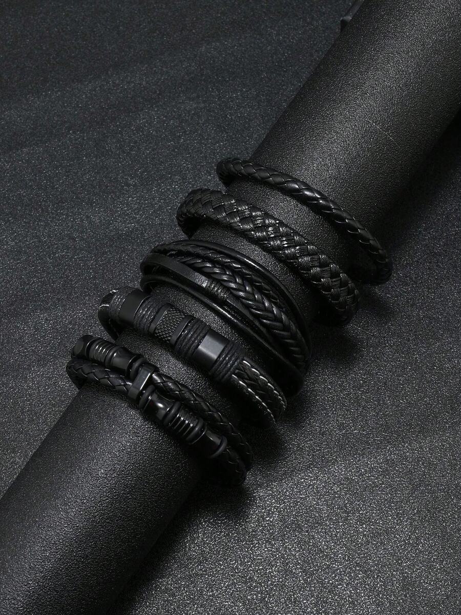 5 件/套新款男士时尚皮革手链，多层编织磁扣腕带组合适合日常佩戴，礼物