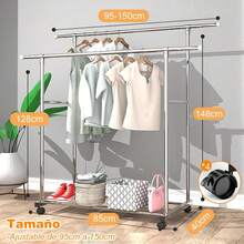 Tendederos de Ropa Longitud Ajustable,Tendederos Retractiles Exterior de Acero Inoxidable,para Interior y Exterior,con 20 Ganchos a Prueba de Viento (95-150cm-Extensible-polos Dobles) - 95-150cm-Extensible-polos dobles - Ver 10