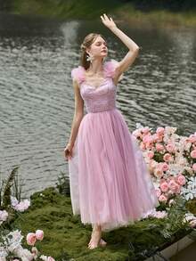 Gorgeous Midi Graduation Dress With Beaded Bodice, Tulle Ruffle Sleeves, Tiered Ruffled Skirt - Birthday Women Outfits For Wedding Guest Outfits, Graduation Proms, Cocktail Parties & Garden Galas - Pink - View 5