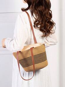 女士草编包大号手工编织夏季沙滩托特包单肩手提包钱包条纹手工编织草编包度假海边户外度假