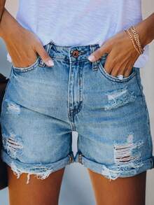 Women's Denim Shorts Stylish Ripped Design Slim Fit Mid Rise Jean Shorts For Summer - 天藍色 - 查看 1