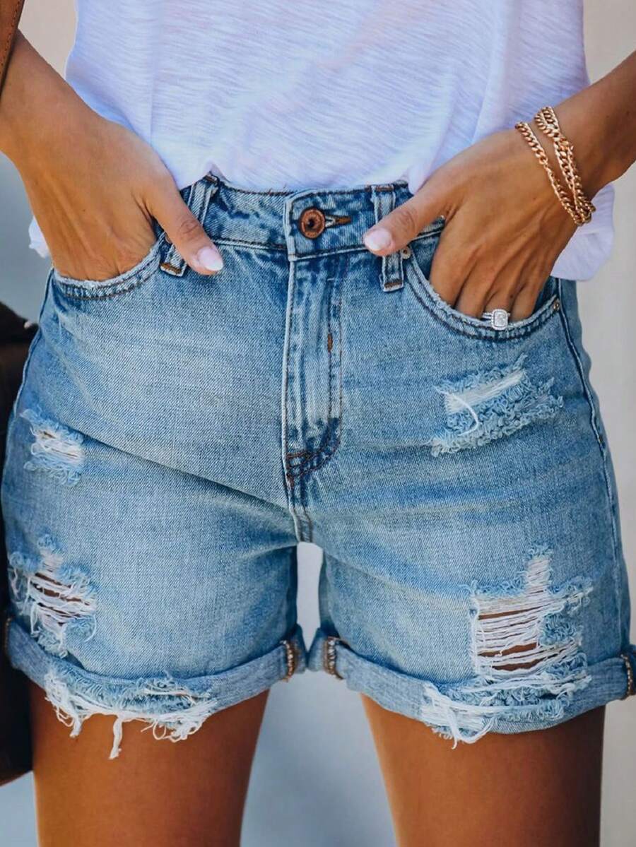 Women's Denim Shorts Stylish Ripped Design Slim Fit Mid Rise Jean Shorts For Summer - 天藍色 - 查看 1