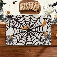 Juego de 4/6/12 manteles individuales - Estampado de calabaza de terror, bruja y murciélago - Manteles individuales impresos creativos, resistentes al calor, decoración de mesa de cocina para Halloween, decoración de habitación, decoraciones de mesa para fiestas, mejorando la atmósfera festiva