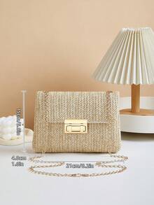 时尚纯色草编斜挎包，适合女性日常使用 - 卡其色 - 查看 6