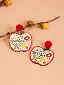 1 Pair Of Red European And American Fashion Pencils, Rulers, Stationery, Wooden Apple Pendants, Earrings, Letters, Teacher Earrings, Earrings, Teacher's Day Back To School Season Earrings, Teacher's Day Back To School Season Earrings
