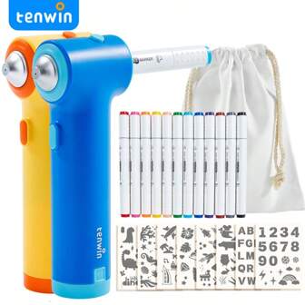  Tenwin 1 件马克笔电动喷枪，适用于学生绘画 DIY 艺术可喷涂水彩马克笔喷枪，带绘画模板，适用于学校用品，返校