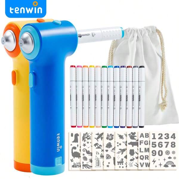 tenwin Tenwin 1pc Marker Electrical Airbrush For Students Drawing DIY Art Sprayable Watercolor Marker Pen Air Brush With Painting Template,For School Supplies,Back To School